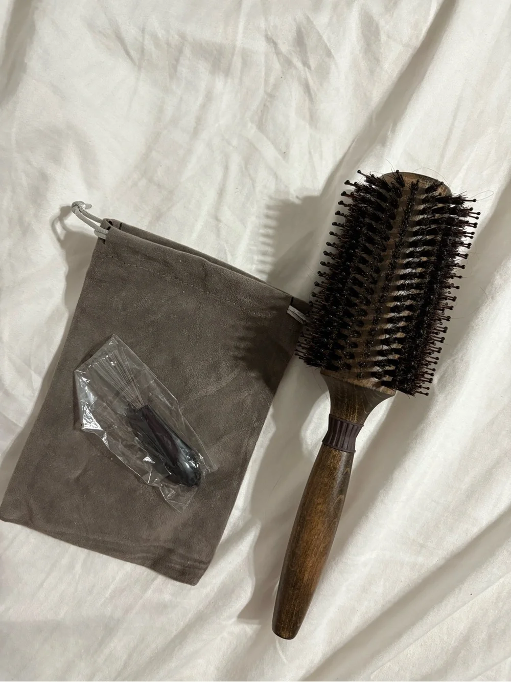 Source Unknown Brown Wooden Barrel Hair Brush with Travel Pouch